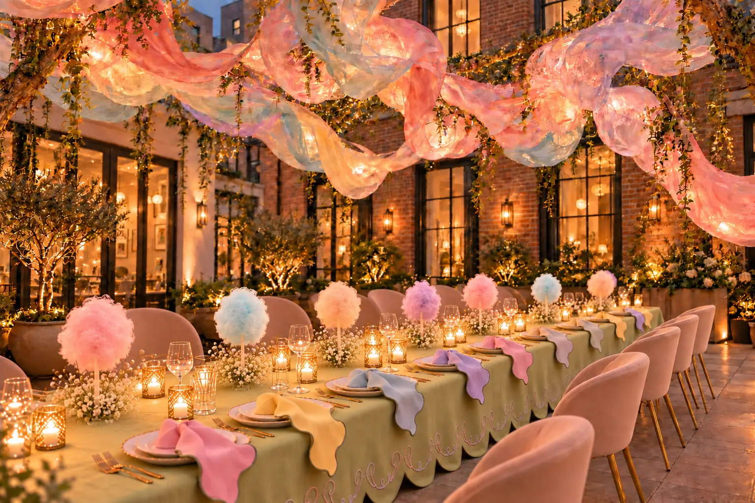 Long dinner table under pastel silk canopy with cotton candy topiaries