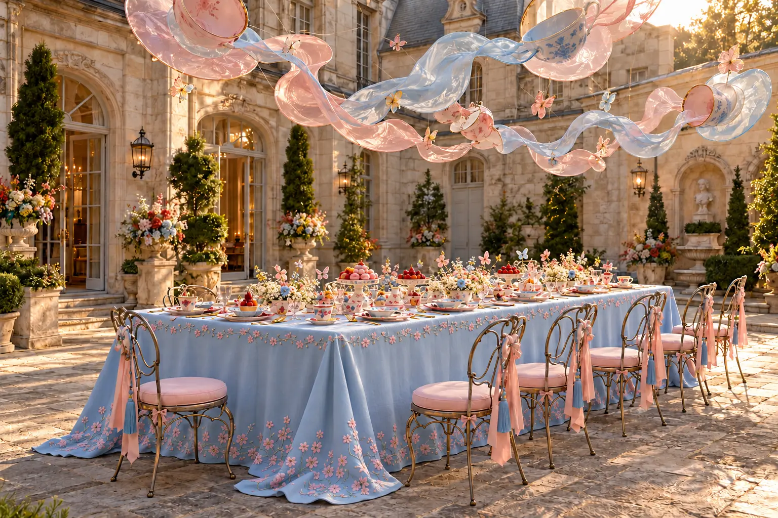 Garden tea luncheon with suspended teacups and embroidered blue linens